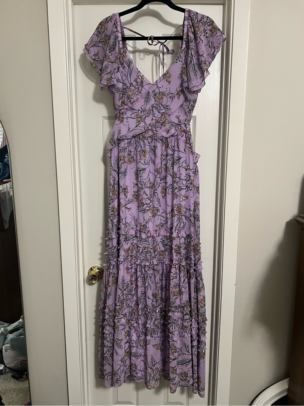 Chelsea 28 Lavender Floral Maxi Dress with Ruffle Sleeves and Side Cutouts